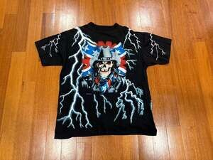 90s American Thunder Skull Cowboy Rebel Lightning All Over Print T-Shirt Sz XL